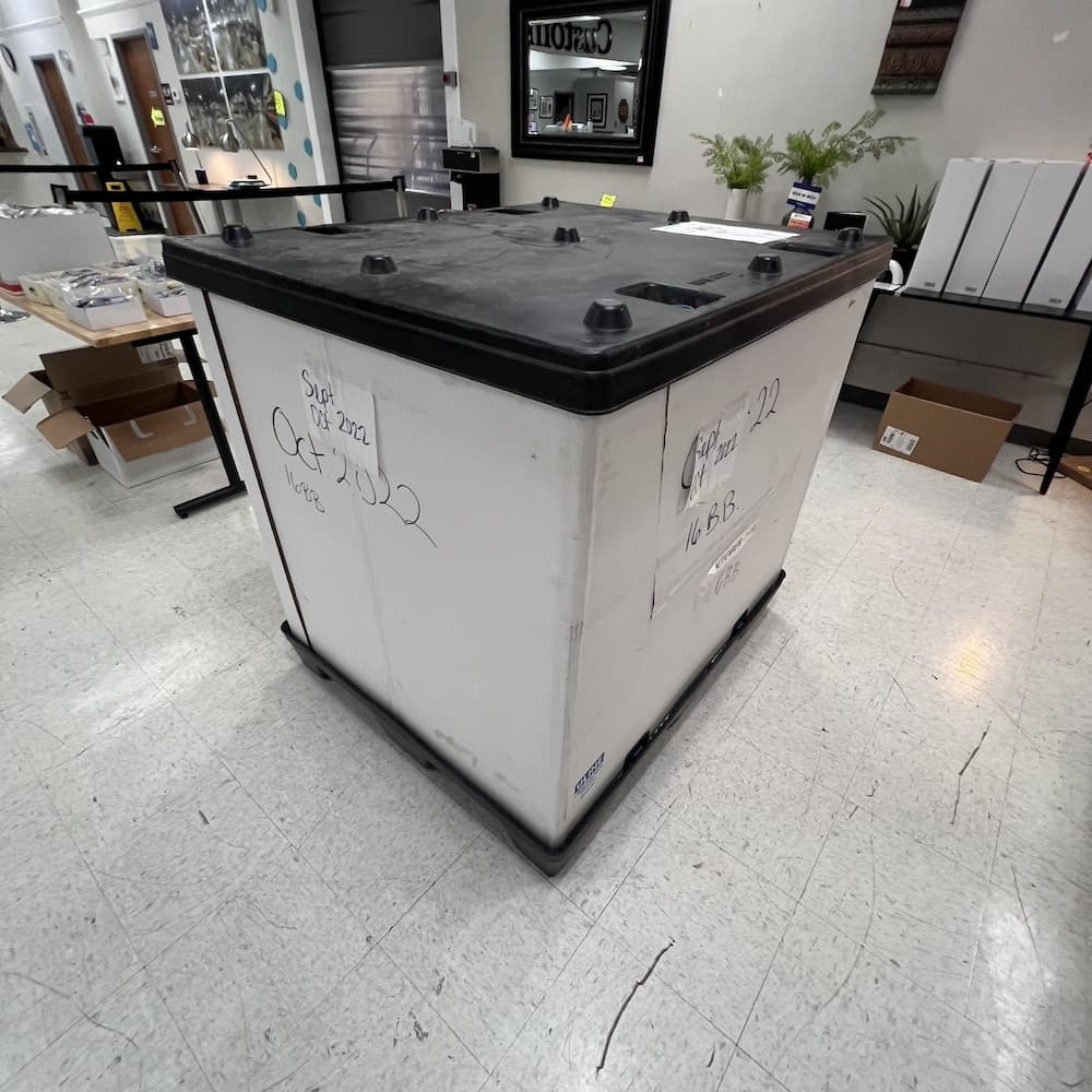 Uline reusable bulk container with corrugated cardboard sides, collapsable, storage palletized used moving solutions