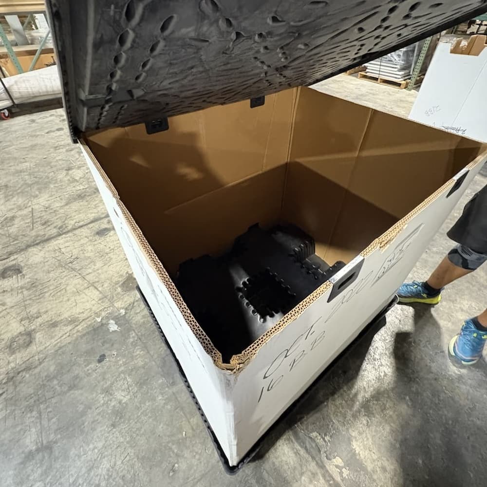 Uline reusable bulk container with corrugated cardboard sides, collapsable, storage palletized used moving solutions