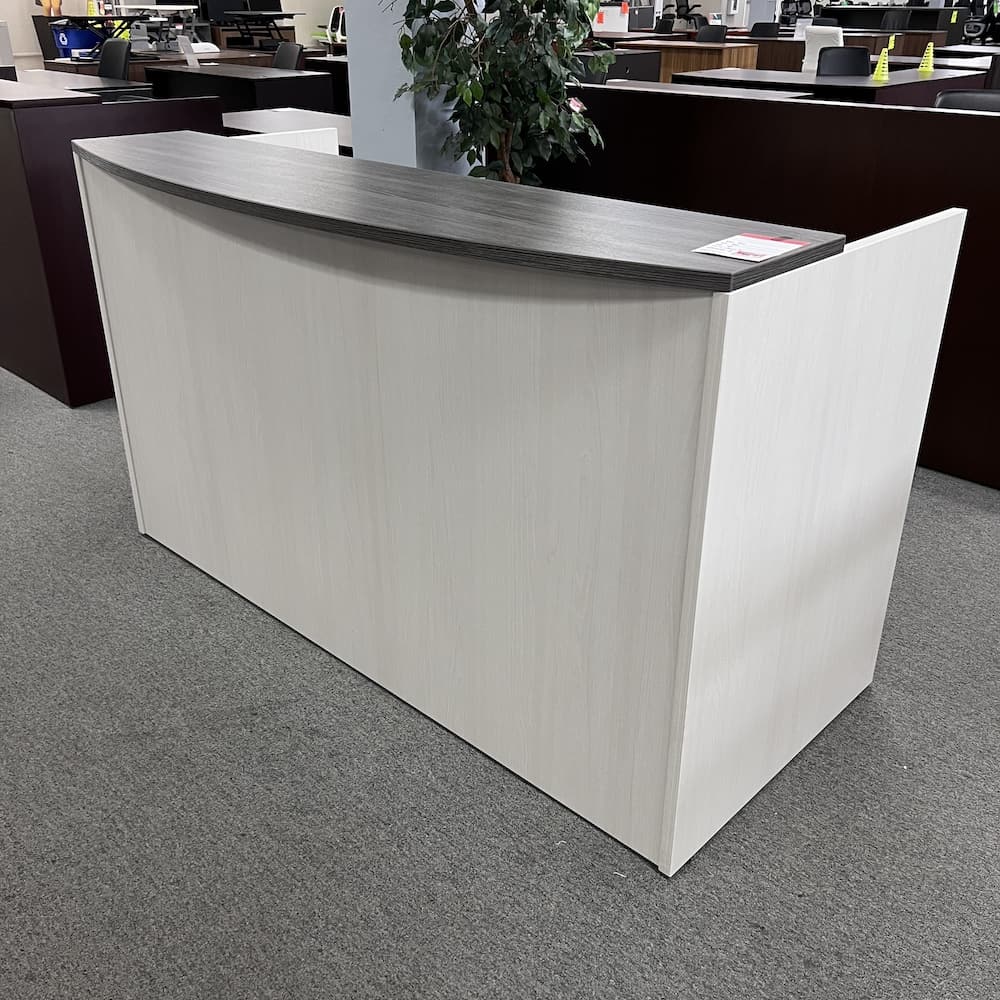 Arcadia white laminate and Newport grey laminate reception desk straight with file file used office furniture
