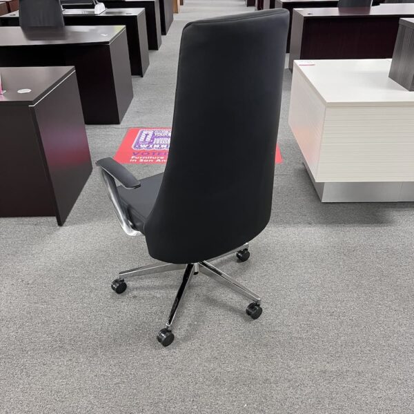 black vinyl high back executive chair chrome details on arms, modern, executive conference, office furniture