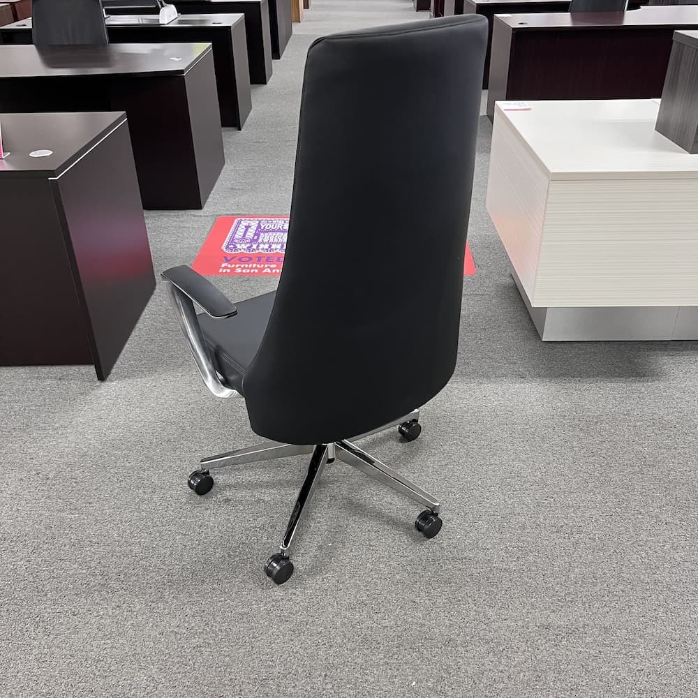 black vinyl high back executive chair chrome details on arms, modern, executive conference, office furniture