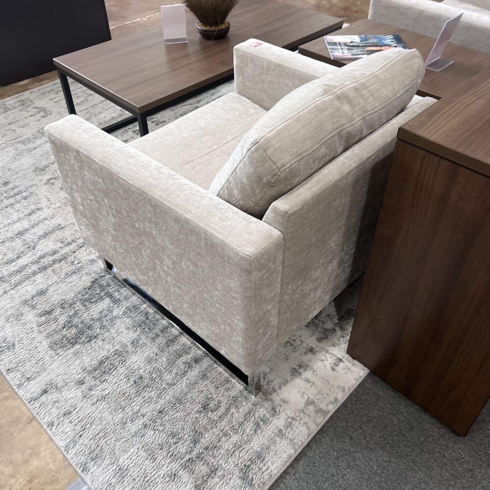 arm chair chenille upholstered champagne beige and silver chrome lounge chair, used reception furniture, home furniture