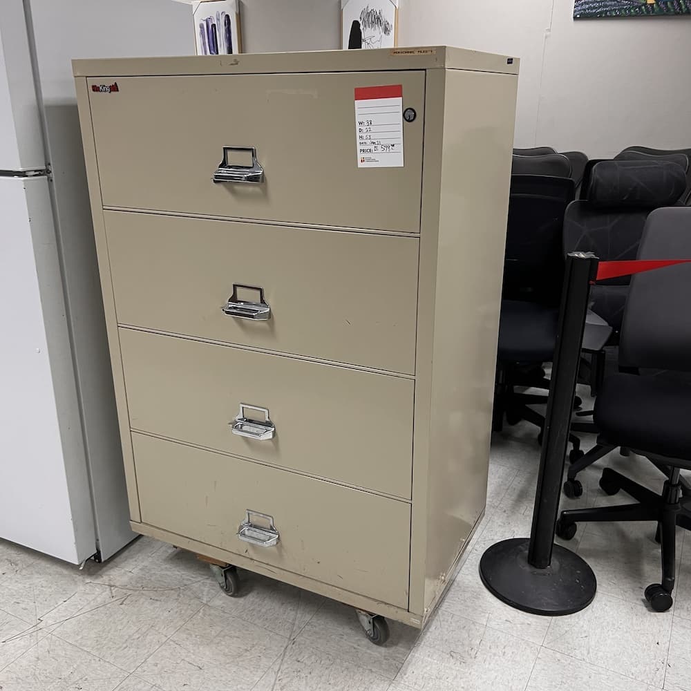 beige metal 4 drawer lateral file cabinet fire resistant fireking used office furniture