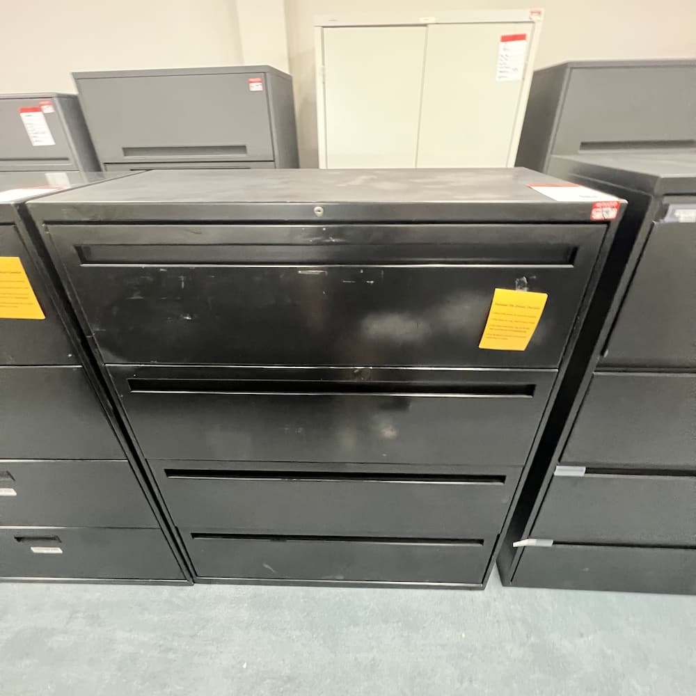 hon 4 drawer lateral in black metal, 42" wide, used office furniture