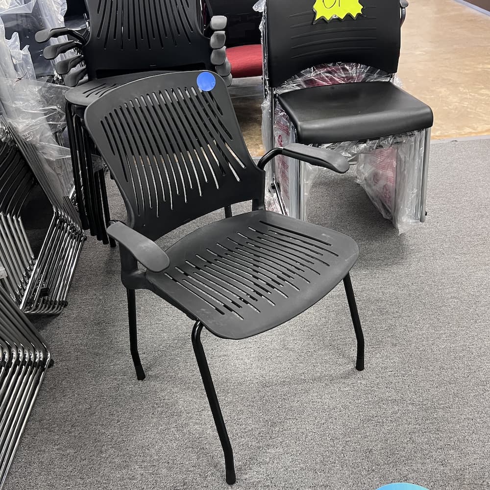 Black plastic arm chair, black legs, stacking, used office furniture