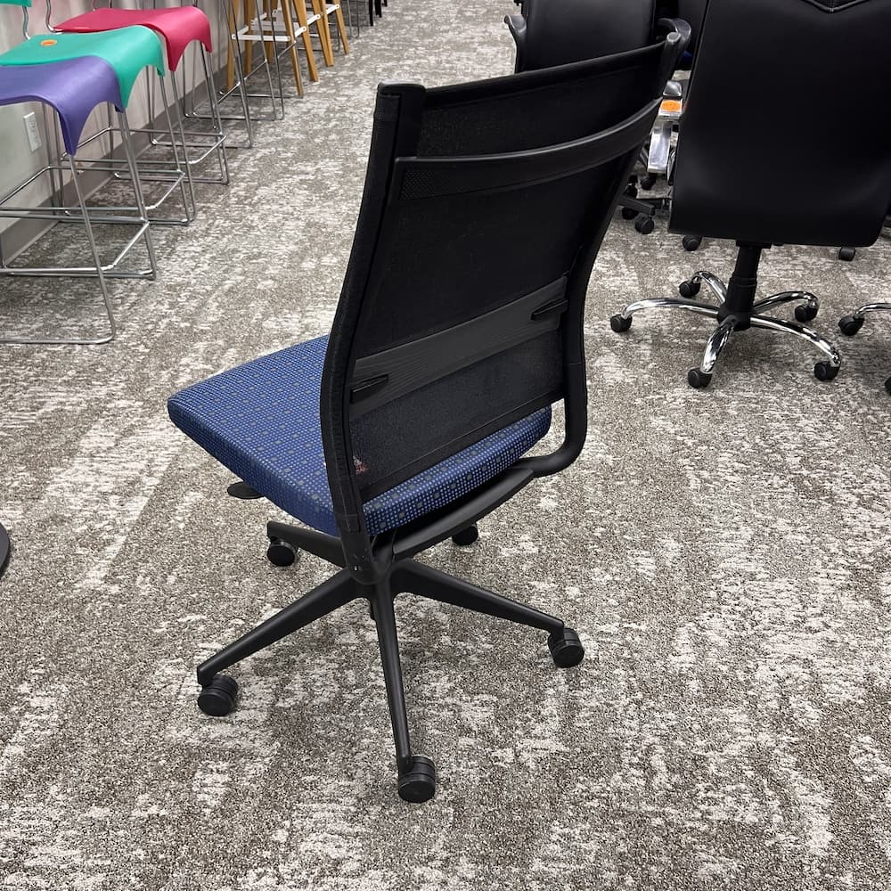 blue seat and black mesh back sitonit armless office chair, used office furniture