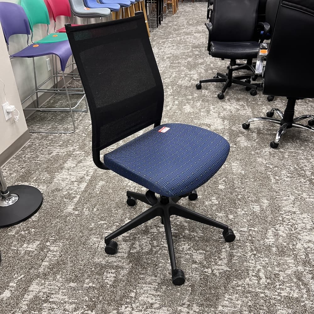 blue seat and black mesh back sitonit armless office chair, used office furniture