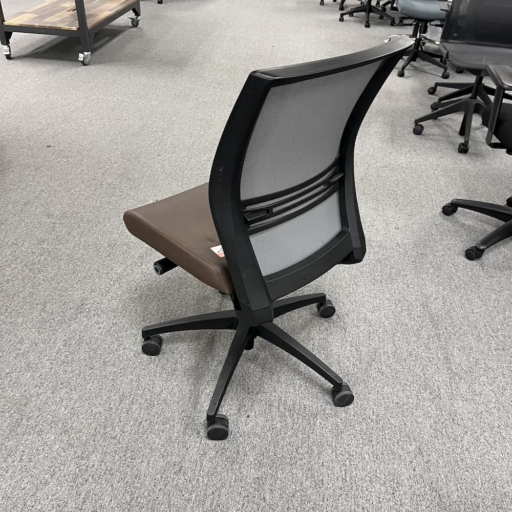 brown vinyl seat with grey mesh back, task chair, armless, used office furniture