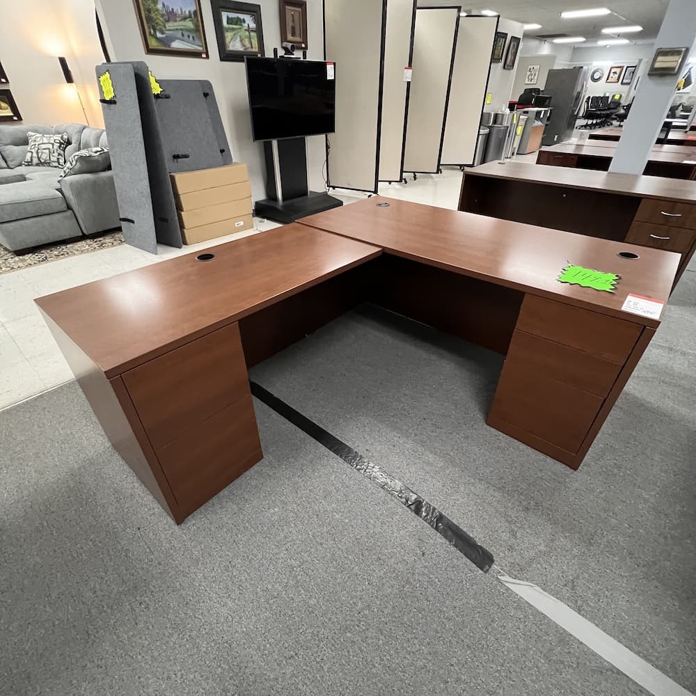 walnut cherry laminate l-desk left return double pedestal, used office furniture
