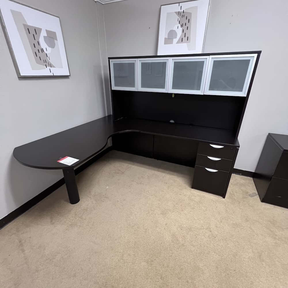 espresso l-desk right return with single pedestal box box file and hutch with 4 glass doors, used office furniture