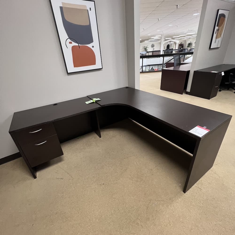 espresso l-desk left return with single hanging box file and silver pulls used office furniture