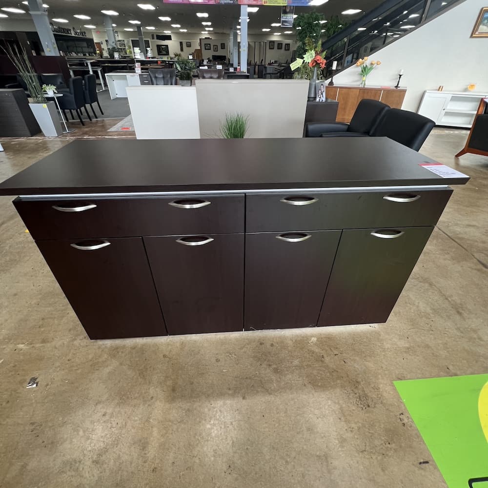 espresso laminate buffet with silver accents, used office furniture