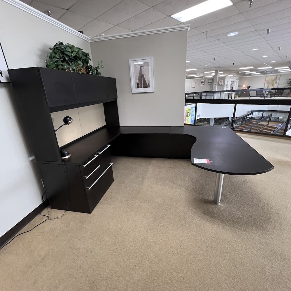 espresso laminate u-desk left return with hutch and bullet nose main desk, used office furniture