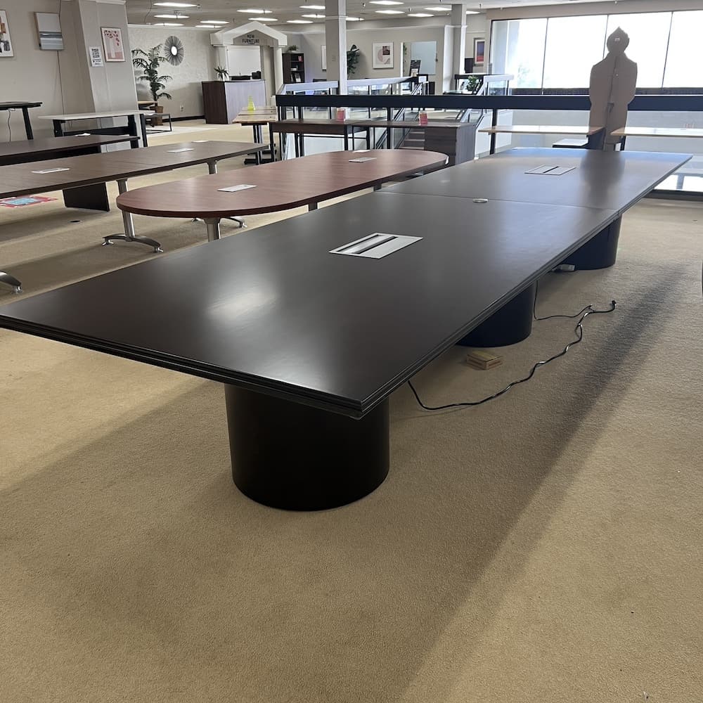 espresso veneer wood rectangle conference table 16 ft transition with cylinder base, JSI brand, Used office furniture