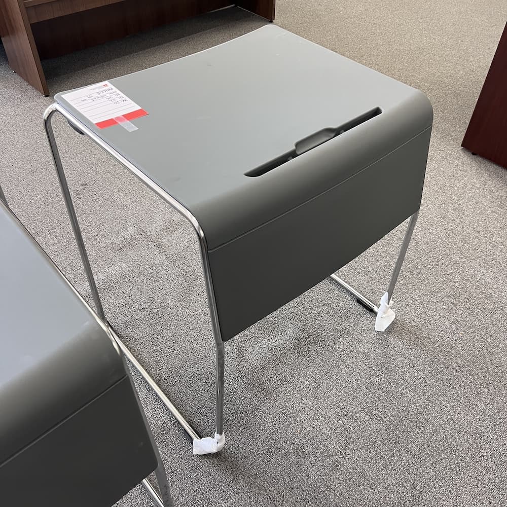 small grey plastic top desk with chrome wire frame, stacking, used office furniture