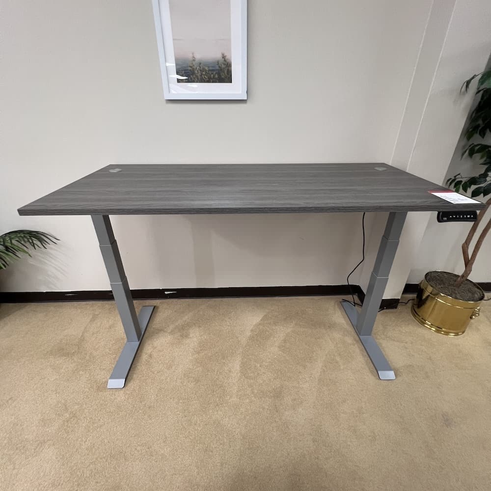 grey height adjustable standing desk with silver legs 66 x 30