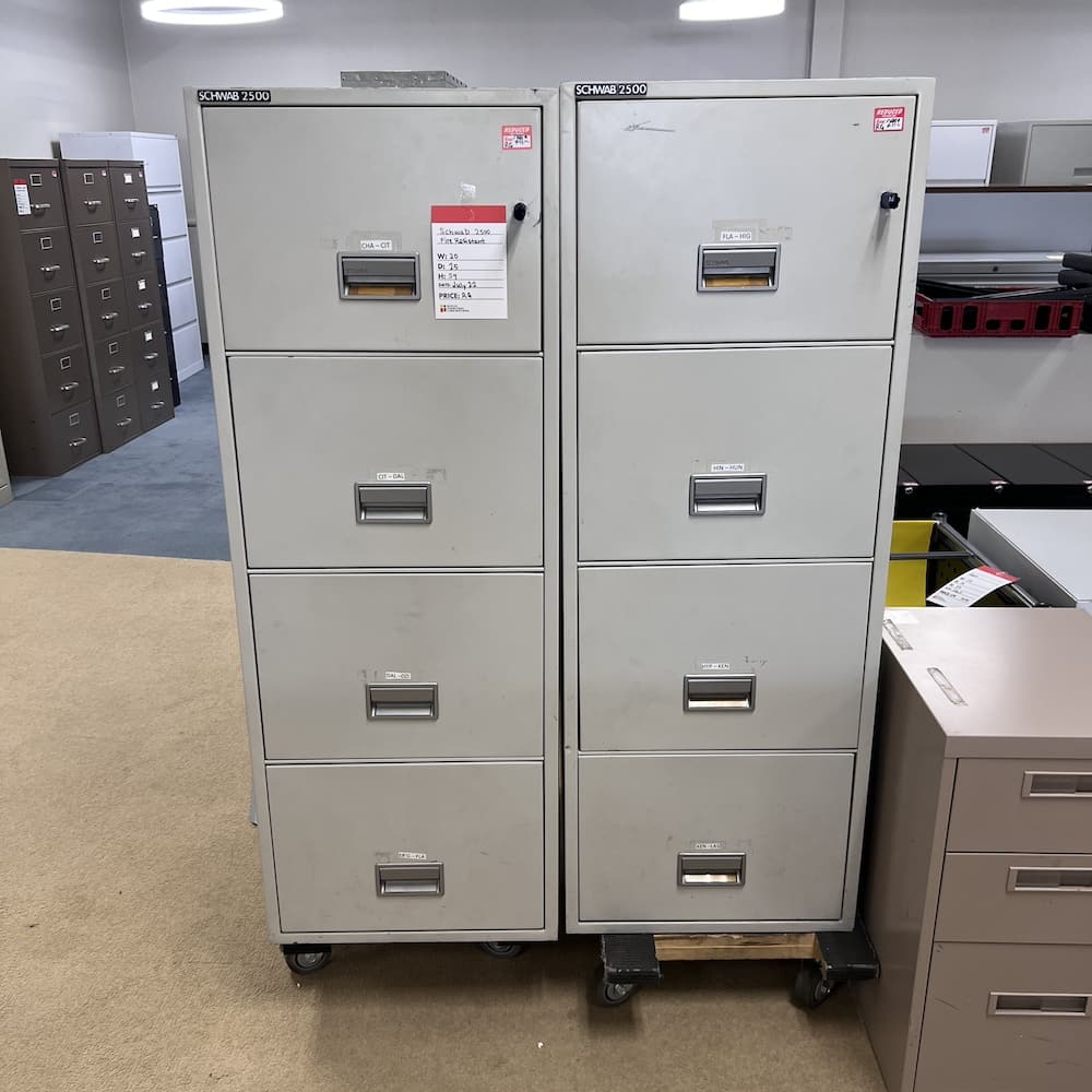 grey metal Schwab 2500 fire resistant vertical file cabinet, used office furniture