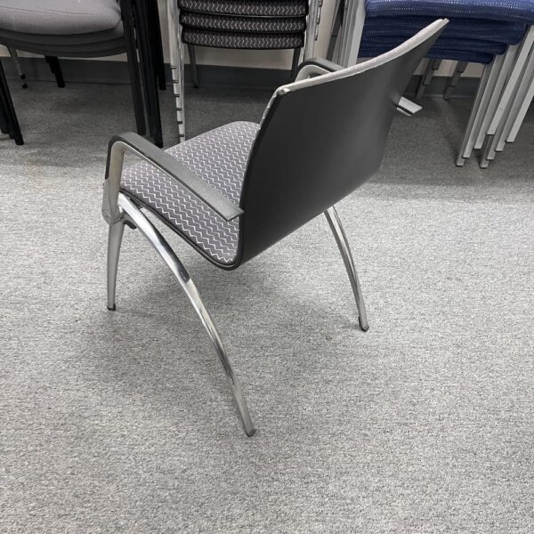 stacking chair, used office furniture, grey zigzag upholstery, chrome legs, Davis Wolfgang mezger