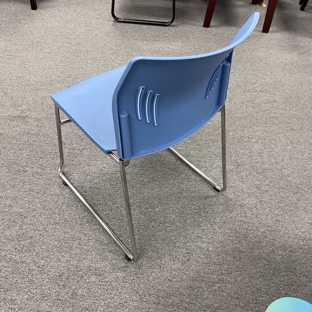 light blue plastic stacking chair with chrome legs, rise chair, office furniture