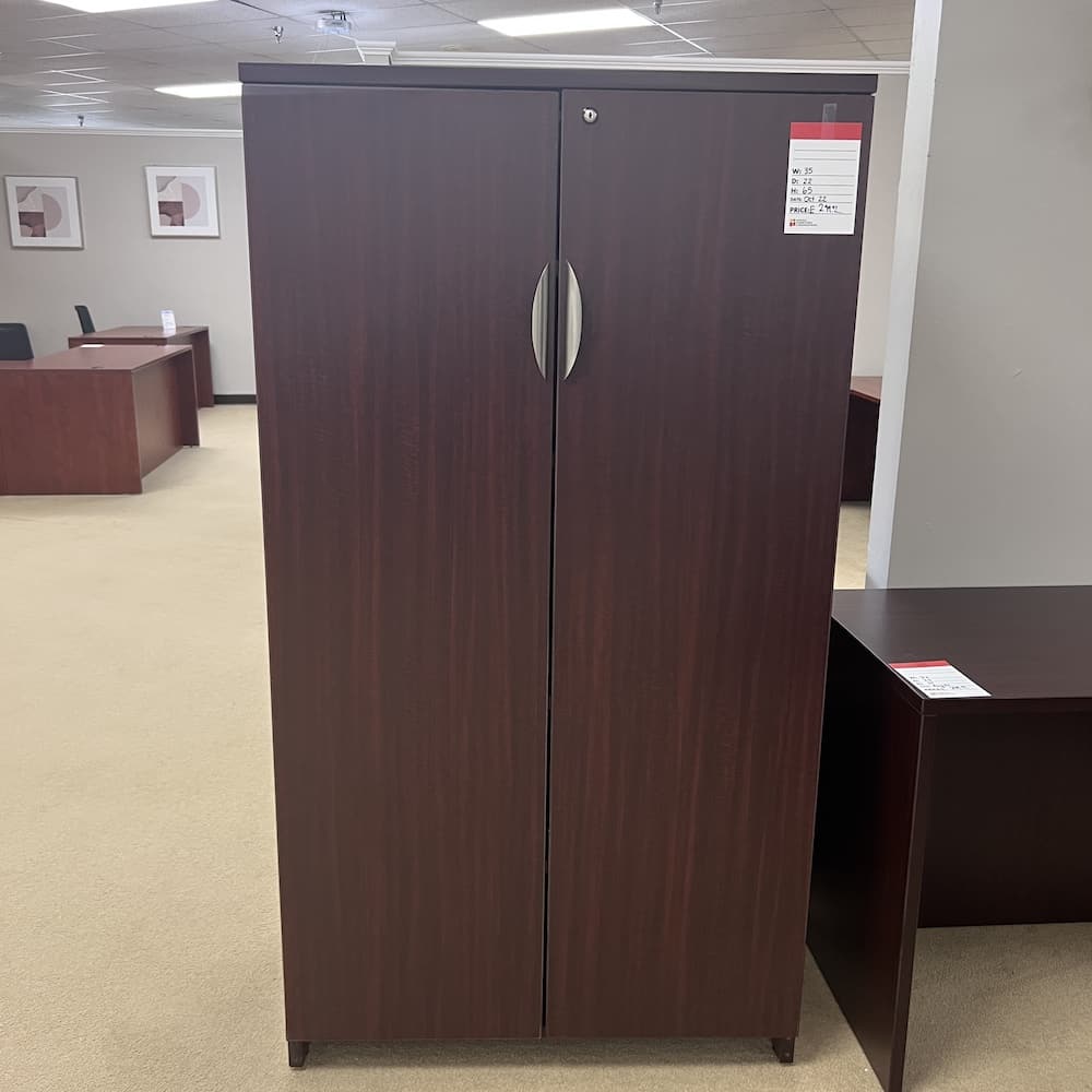 Mahogany laminate 2 door storage cabinet with bookcase, used office furniture