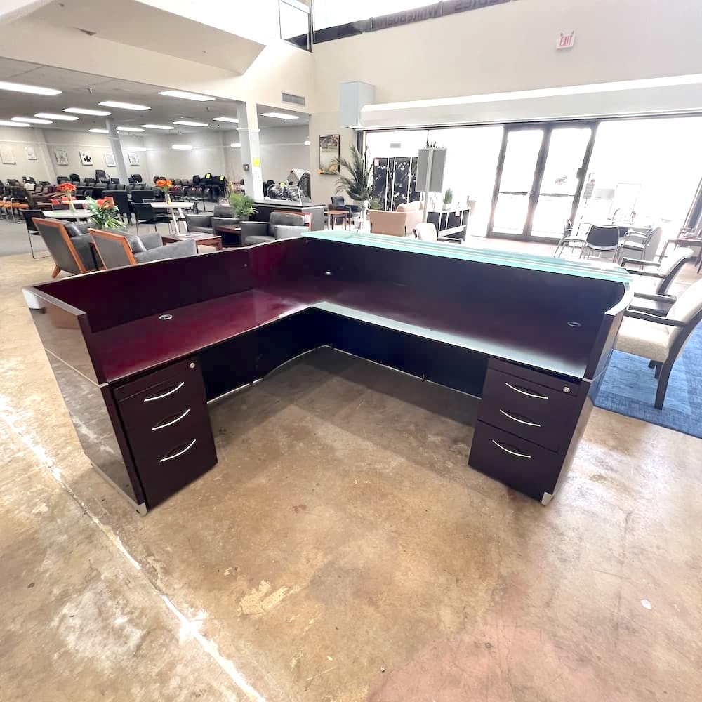 Mahogany veneer reception l-desk, glass transaction top, used office furniture