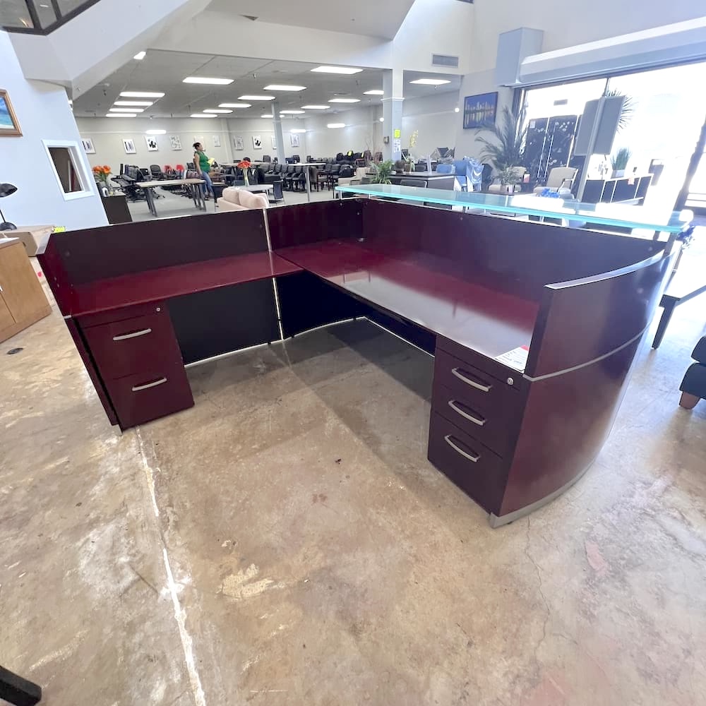Mahogany veneer reception l-desk, glass transaction top, used office furniture, double pedestal
