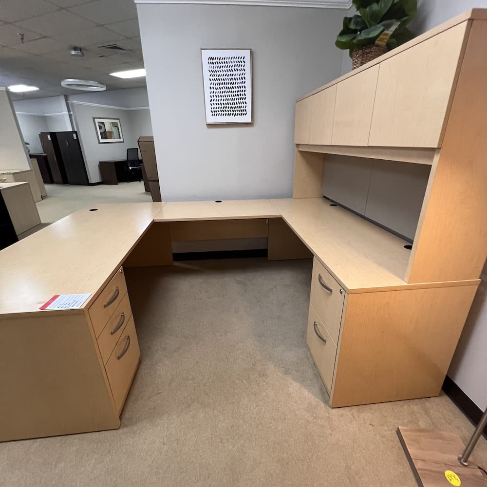 maple laminate u-desk right return with hutch and double pedestal, used office furniture