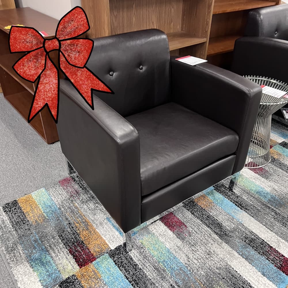 ribbon dark brown vinyl arm chair lounge area, guest seating, office furniture, chrome legs