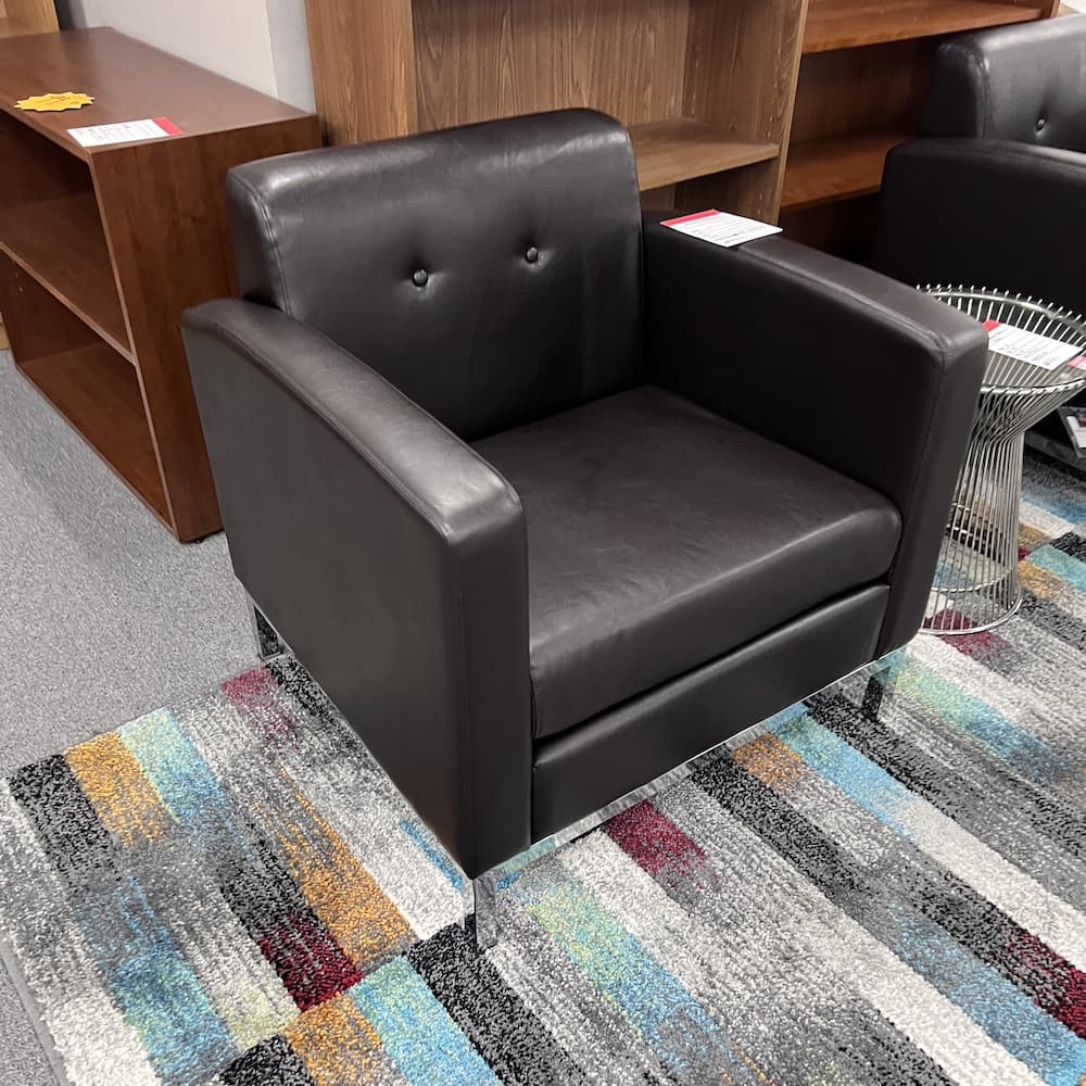 dark brown vinyl arm chair lounge area, guest seating, office furniture, chrome legs