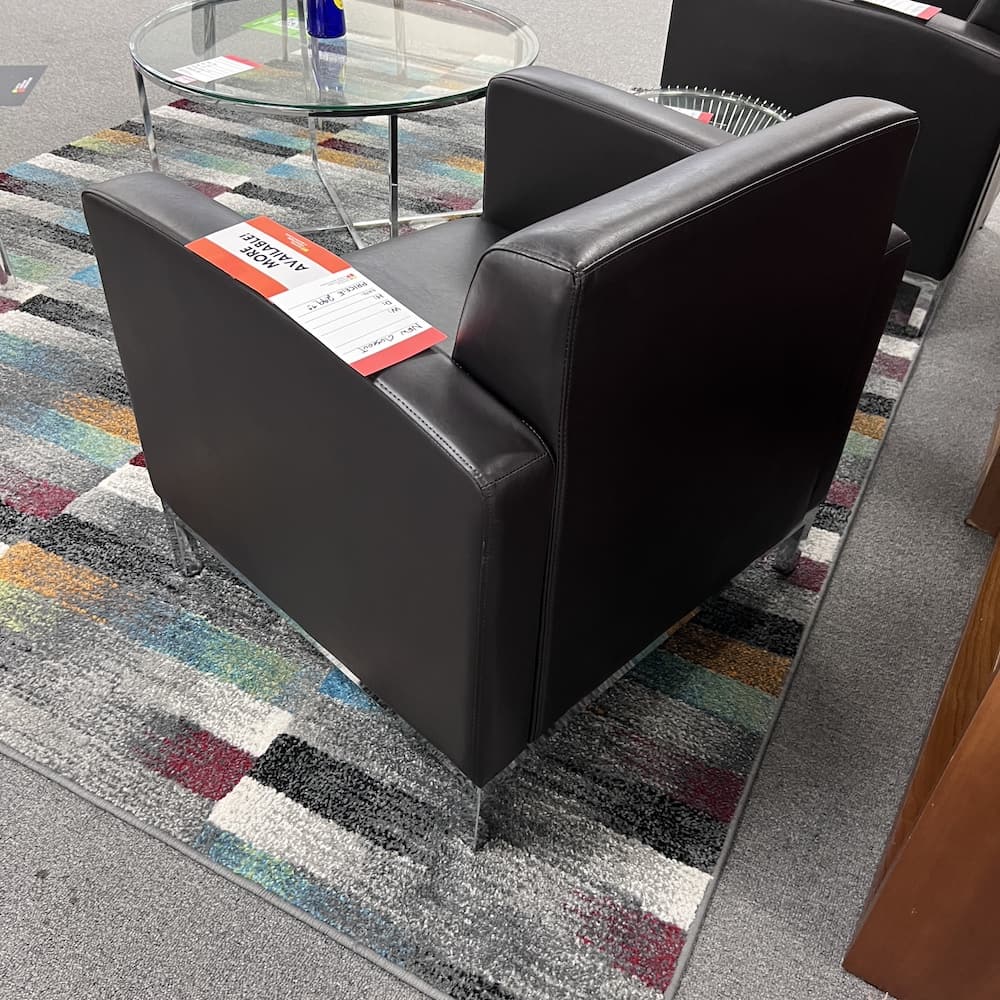dark brown vinyl arm chair lounge area, guest seating, office furniture, chrome legs