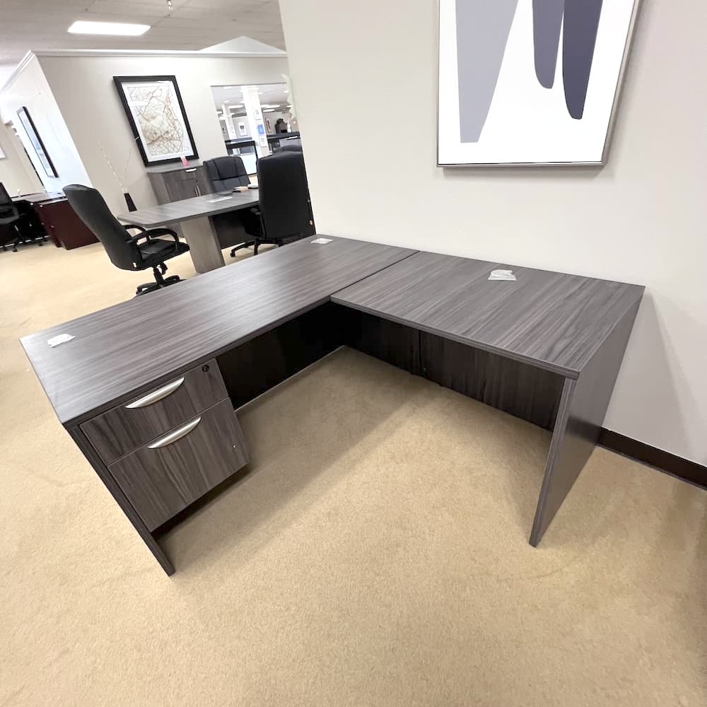 coastal grey l-desk, right return, with one hanging box file. New office furniture