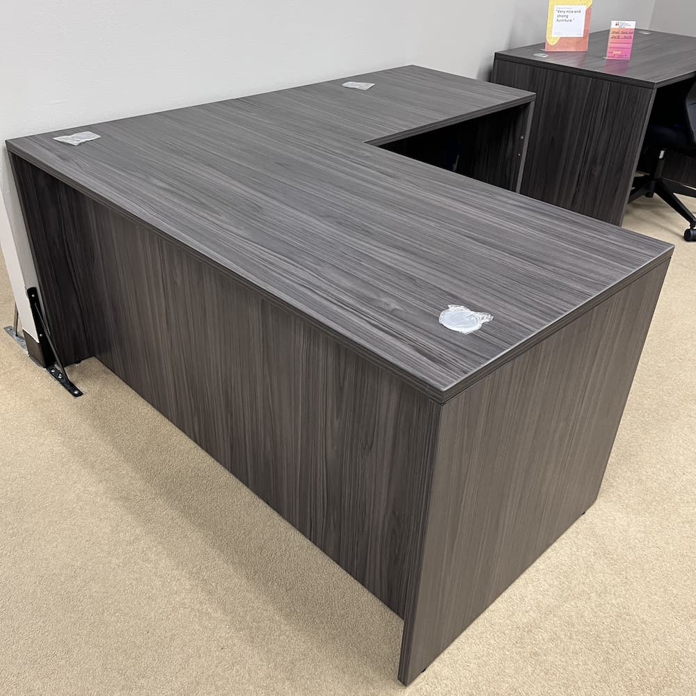 coastal grey l-desk, right return, with one hanging box file. New office furniture