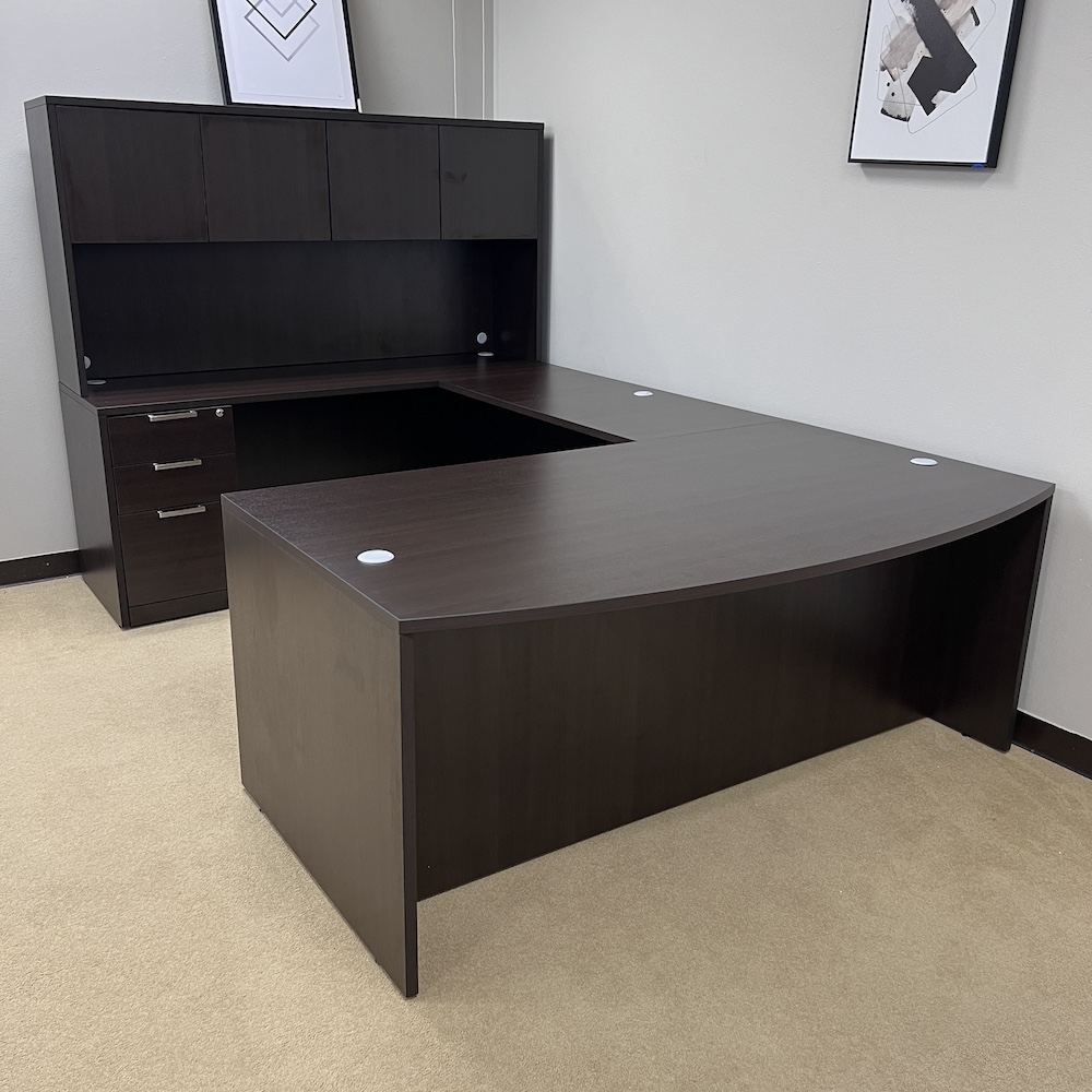 new! Java laminate u-desk left return with hutch and 4 doors, double pedestal, bow front