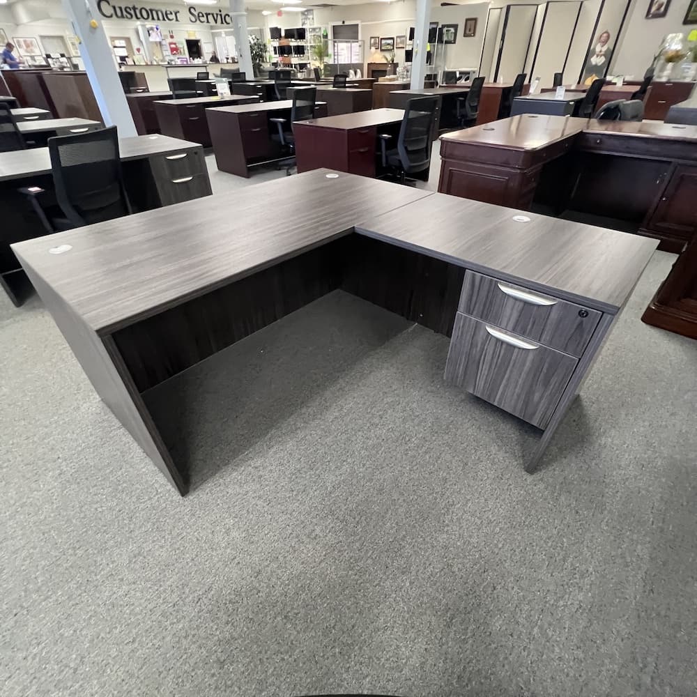coastal grey l-desk, right return, with one hanging box file. New office furniture