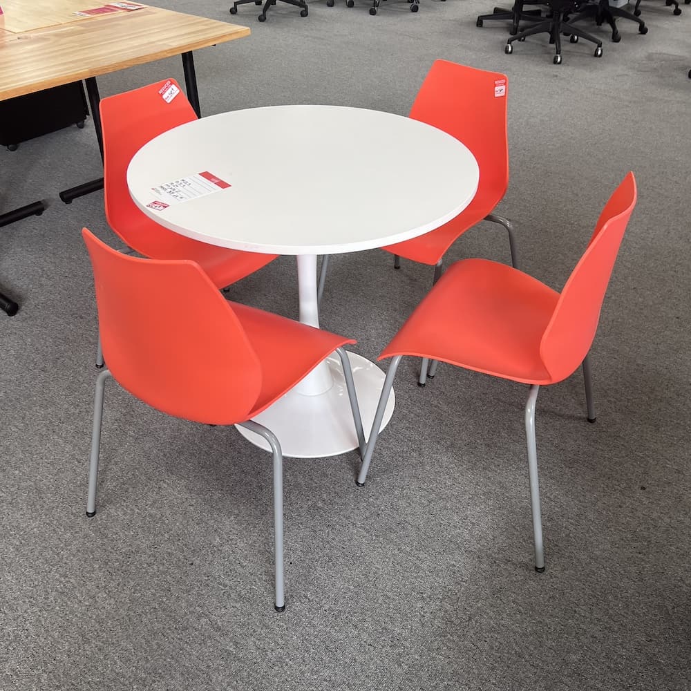orange plastic stacking bucket chairs, used furniture, dining, break room