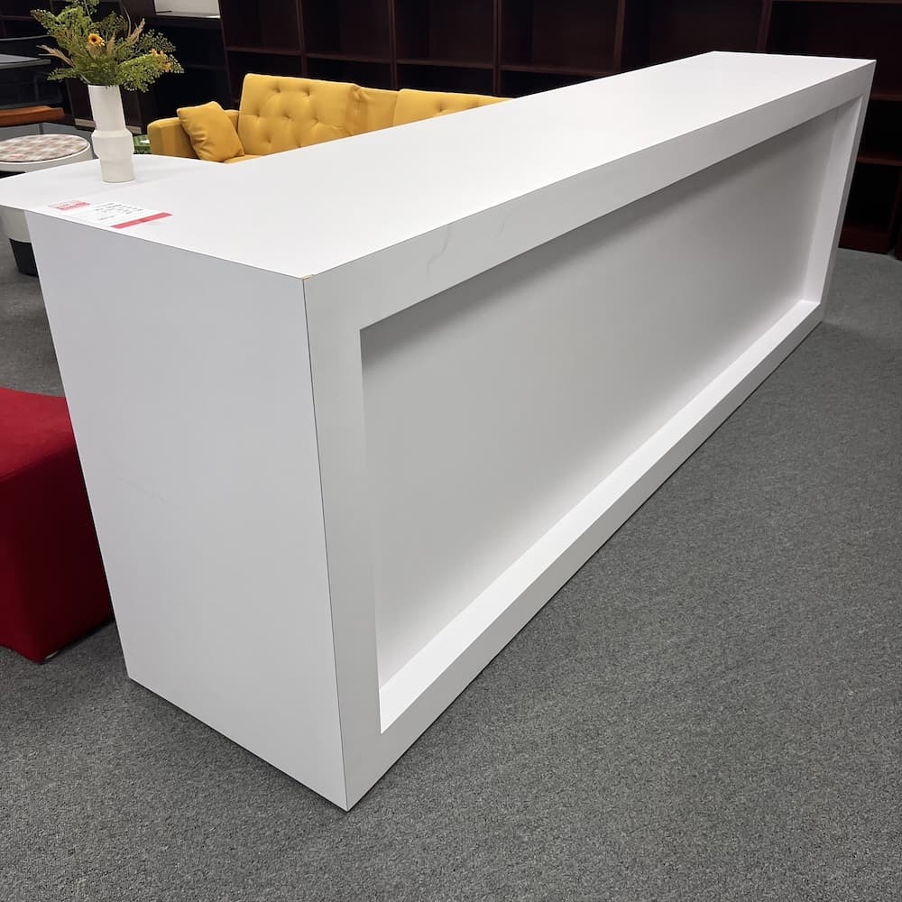 white laminate collaboration table 118" bar height, used office furniture
