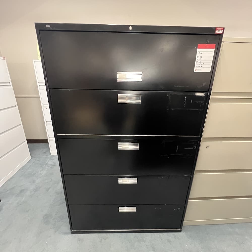 black metal hon 5 drawer lateral file, retractable top drawer, used office furniture