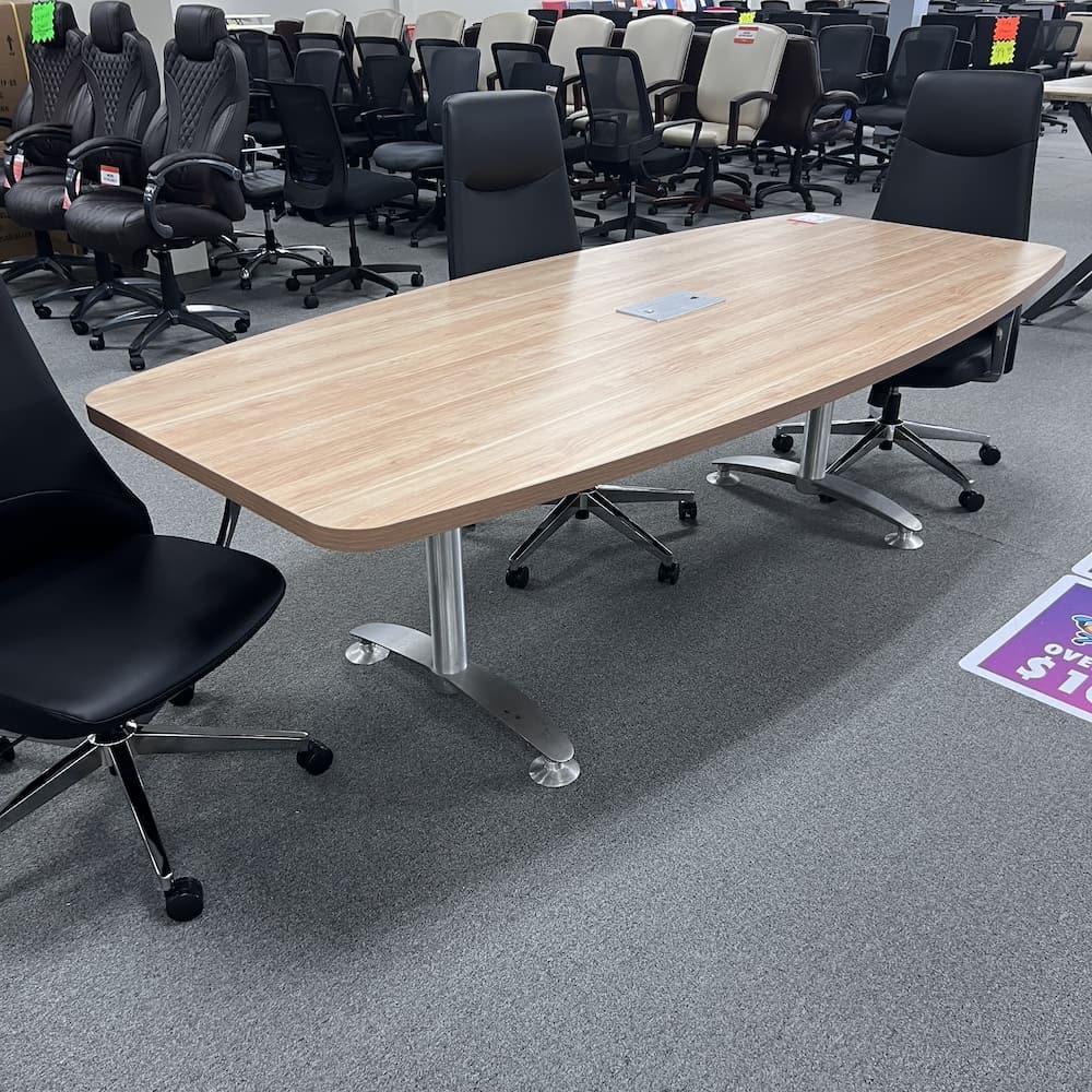 aspen laminate boat shaped conference table, silver base and silver insert, 8 ft, used office furniture