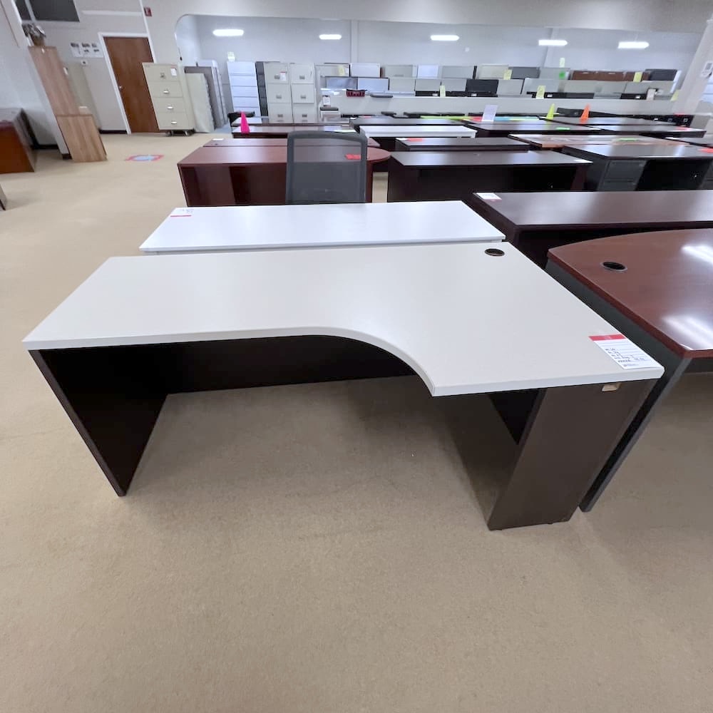 walnut veneer base with beige laminate top pork chop l-desk right return