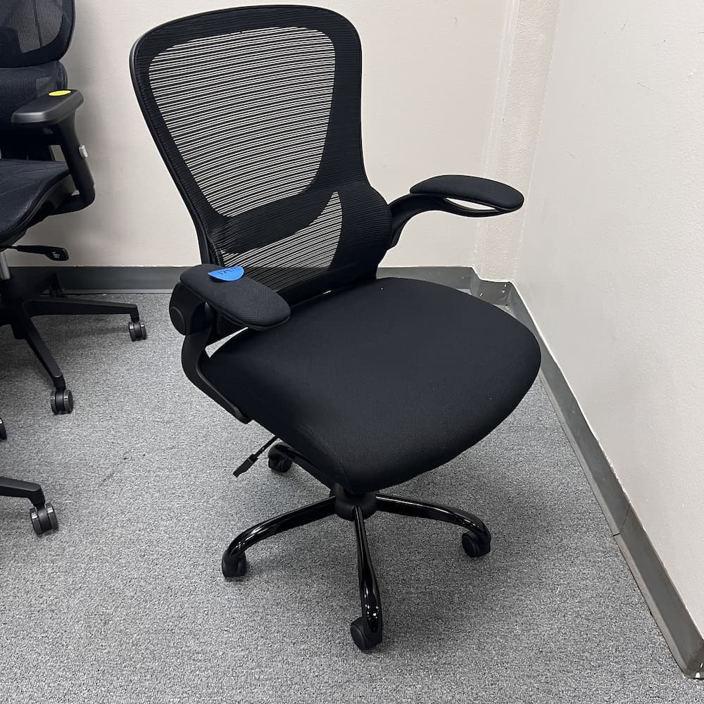 black mesh back task chair with flip arms, office furniture