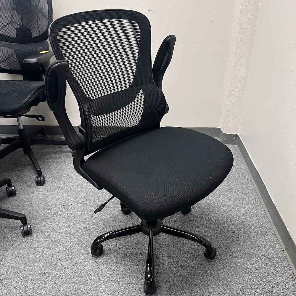 black mesh back task chair with flip arms, office furniture