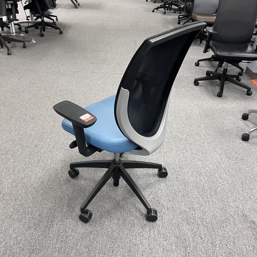 blue vinyl seat and black mesh back, kimball wish chair, used office furniture