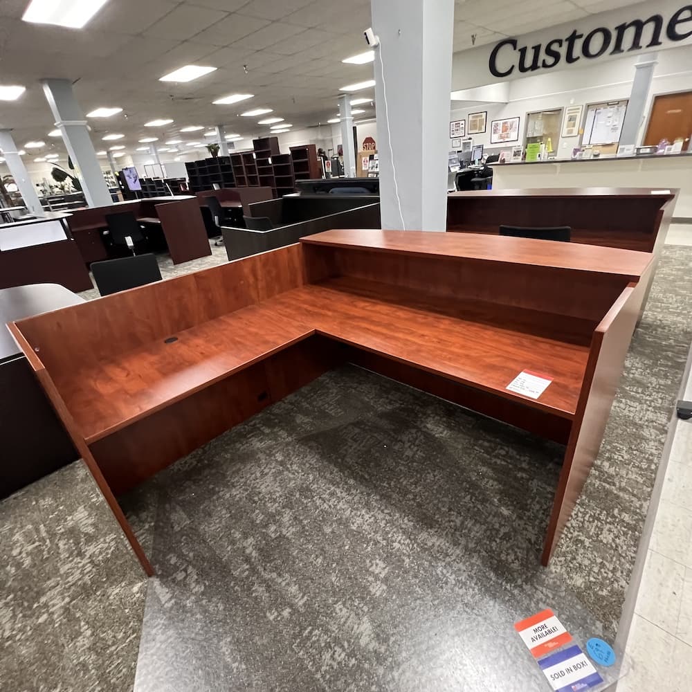 cherry l-desk reception, left return, shell with no drawers, used office furniture
