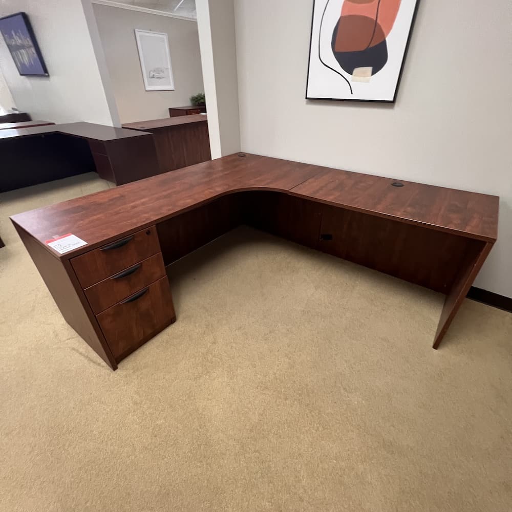cherry laminate l-desk, right return with box box file, used office furniture