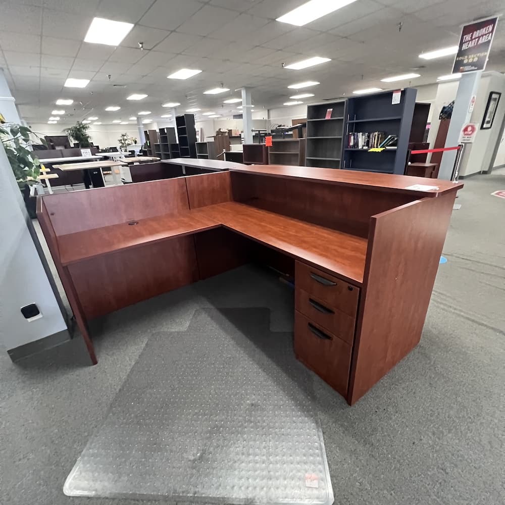 cherry laminate l-desk left return single pedestal, box box file, reception desk