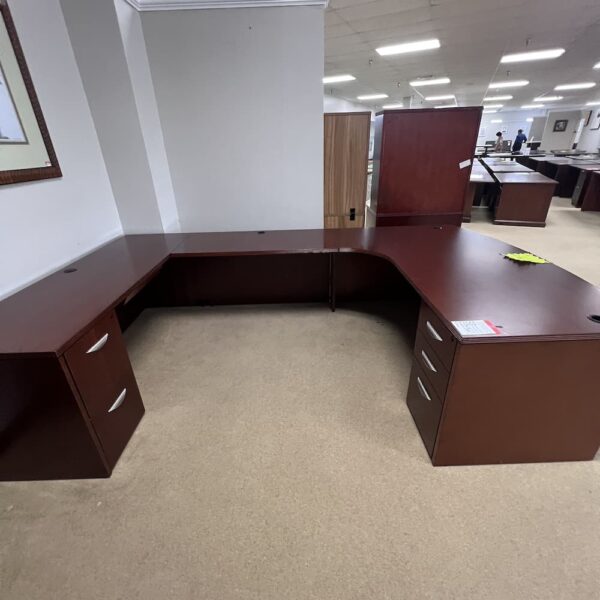 cherry veneer u-desk left return double pedestal and bow front, silver handles, used office furniture