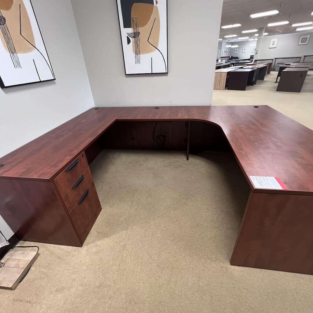 cherry laminate u-desk left return single pedestal file left return, used office furniture