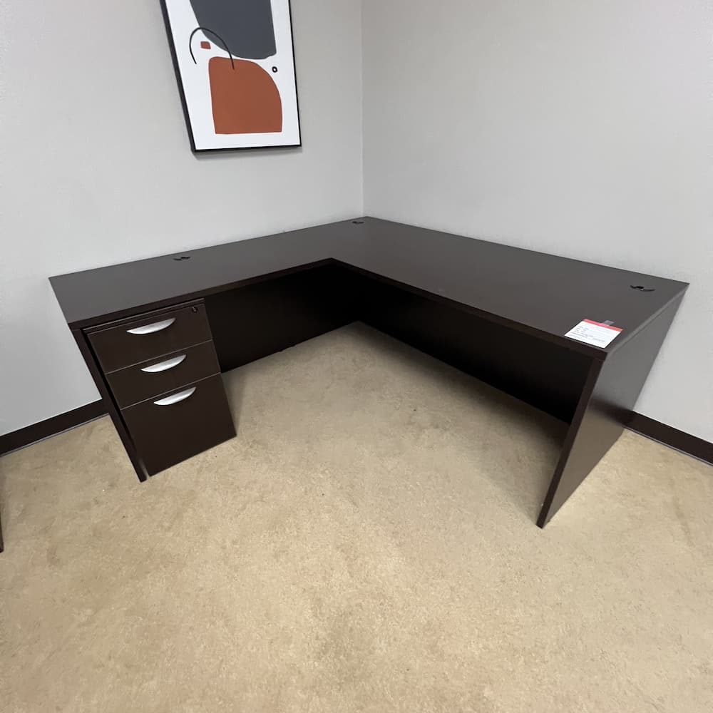 espresso laminate l-desk left return, one box box file, used office furniture