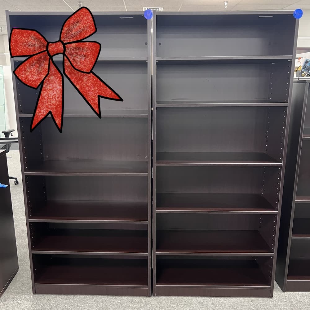 ribbon espresso laminate bookcases, new and closeout, board back, office furniture,