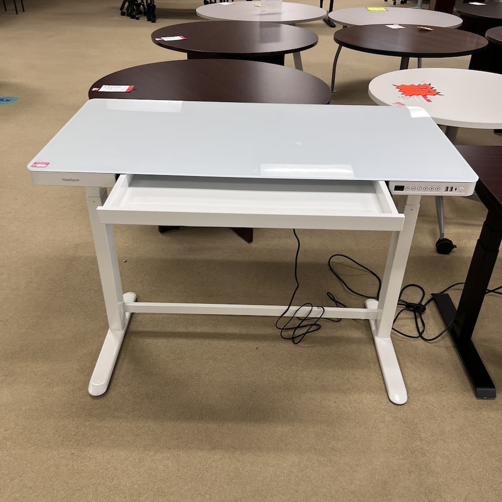 flexispot white glass top height adjustable standing desk, electric, with pencil drawer, used office furniture
